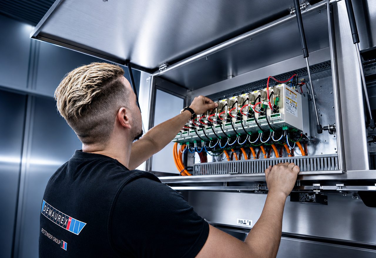 Technicien Demaurex intervenant dans l’armoire électrique d’une machine en modernisation