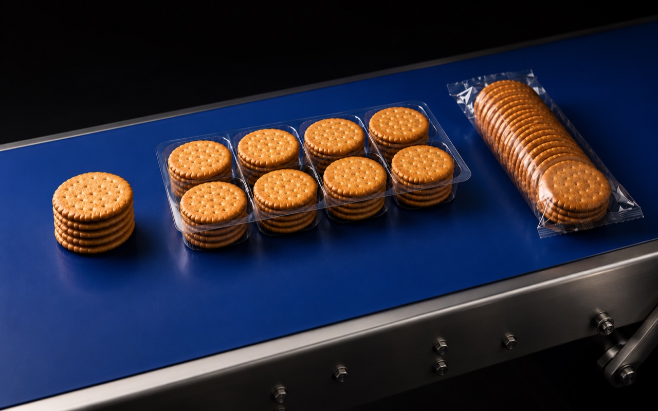 Un même biscuit conditionné en plusieurs formats — vrac, blister et flowpack — sur une ligne Demaurex